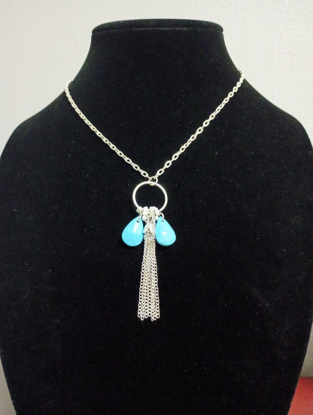 Silver Toned Chain Necklace With Turquoise Dangles